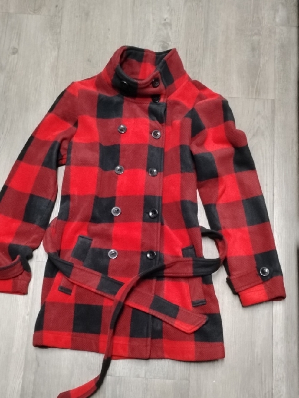 Red & Black Plaid Double-Breasted Belted Jacket